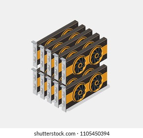 Video card set of mining bitcoin on digital technology video cryptocurrency blockchain business. The component of electronic equipment high-tech industry isometric graphics component.