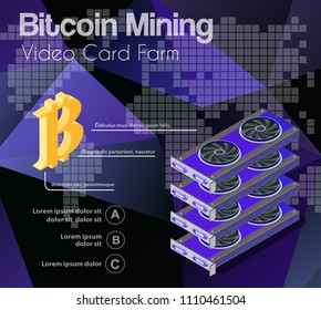 Video card set of mining bitcoin on digital technology video cryptocurrency blockchain business. The component of electronic equipment high-tech industry isometric graphics component.