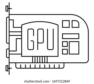 Icono de vector de línea delgada de la tarjeta de vídeo. Representación de GPU, ilustración de tarjeta gráfica de equipo