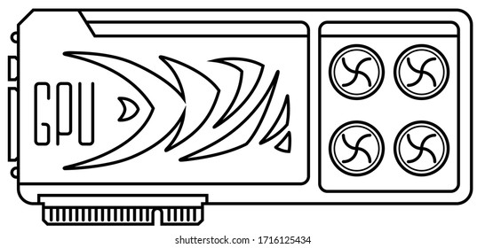 Icono de vector de línea delgada de la tarjeta de vídeo. Representación de GPU, ilustración de tarjeta gráfica de equipo