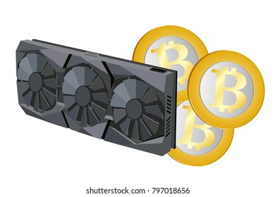 Video card with three coolers and bitcoin for the computer. Vector image.