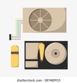 Video card with three outputs computer technology equipment graphics digital tool and semiconductor vga black video card vector illustration.