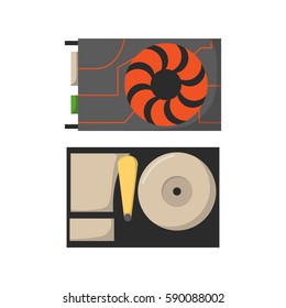 Video card with three outputs computer technology equipment graphics digital tool and semiconductor vga black video card vector illustration.