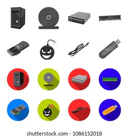 Video card, virus, flash drive, cable. Personal computer set collection icons in monochrome,flat style vector symbol stock illustration web.
