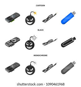 Video card, virus, flash drive, cable. Personal computer set collection icons in cartoon,black,monochrome style vector symbol stock illustration web.
