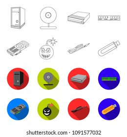 Video card, virus, flash drive, cable. Personal computer set collection icons in outline,flat style vector symbol stock illustration web.