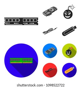 Video card, virus, flash drive, cable. Personal computer set collection icons in black, flat style vector symbol stock illustration web.