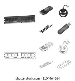 Video card, virus, flash drive, cable. Personal computer set collection icons in outline,monochrome style vector symbol stock illustration web.