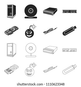Video card, virus, flash drive, cable. Personal computer set collection icons in black,outline style vector symbol stock illustration web.