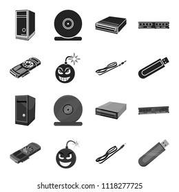Video card, virus, flash drive, cable. Personal computer set collection icons in black,monochrome style vector symbol stock illustration web.