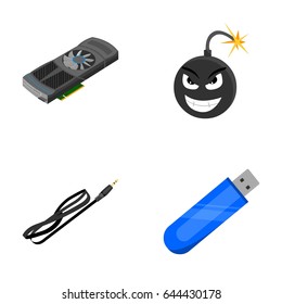 Video card, virus, flash drive, cable. Personal computer set collection icons in cartoon style vector symbol stock illustration web.