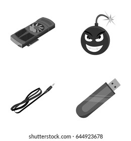 Video card, virus, flash drive, cable. Personal computer set collection icons in monochrome style vector symbol stock illustration web.