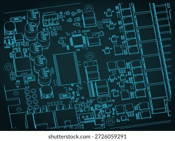 Video PCB de la tarjeta y sus componentes de primer plano plano isométrico Ilustración vectorial estilizada
