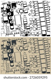 Video card's PCB and its components close-up stylized vector illustrations