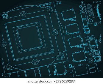Video PCB de la tarjeta y sus componentes de primer plano plano isométrico Ilustración vectorial estilizada