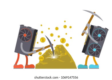 Video cards produce bitcoins using a pickax. Vector illustration, a flat style design. Isolated on a white background.