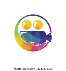 Plantilla de diseño del logotipo vectorial de cuidado de vídeo. Mano con el logotipo del icono vectorial de la cámara de vídeo.