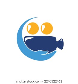 Plantilla de diseño del logotipo vectorial de cuidado de vídeo. Mano con el logotipo del icono vectorial de la cámara de vídeo.