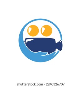 Video care vector logo design template. Hand with video camera vector icon logo.