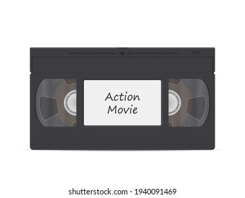 Video cassette action movie on a white background. Vector illustration.
