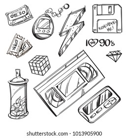 Video cassette, diskette, tamagotchi, Rubik's cube, graffiti spray, ticket, lightning. Set of outline vector illustrations isolated on white background.