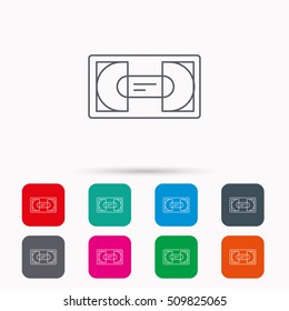 Video cassette icon. VHS tape sign. Linear icons in squares on white background. Flat web symbols. Vector