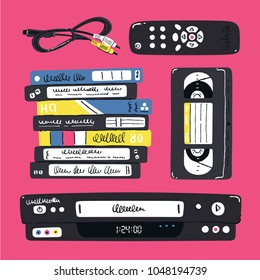 Video Cassette Player And Related Objects. Vector Illustration. Nostalgia From The 90s.