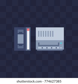 Video cassette and video record player icon. Flat style. Pixel art. 8-bit. Isolated abstract vector illustration. Game assets. 