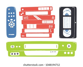 Video cassette recorder, remote control and blank video tapes. Vector illustration.