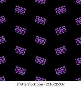 Video cassette seamless pattern, bright vector illustration on black background.