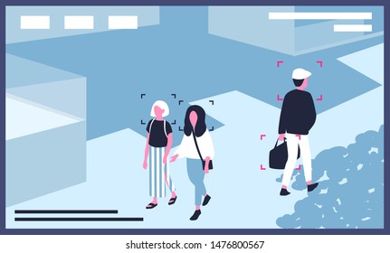 Video from CCTV cameras installed on city street. Modern surveillance technology used for monitoring, face recognition, person identification, public security. Flat cartoon vector illustration.