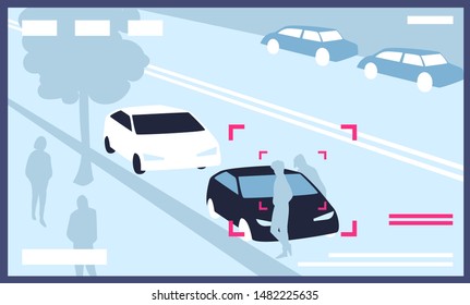 Video from CCTV cameras installed on city street with parked cars. Modern surveillance technology used for monitoring, security, road traffic and parking control. Flat cartoon vector illustration.