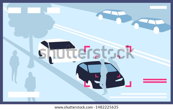 Video from CCTV cameras installed on city\
street with parked cars. Modern surveillance technology used for\
monitoring, security, road traffic and parking control. Flat\
cartoon vector\
illustration.