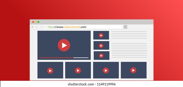 Video channel list website for vlog, vlogging or youtuber, illustration browser with channel video list.  