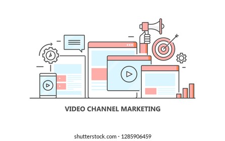 Video channel - video marketing - website video - Digital advertising - flat line vector banner with icons