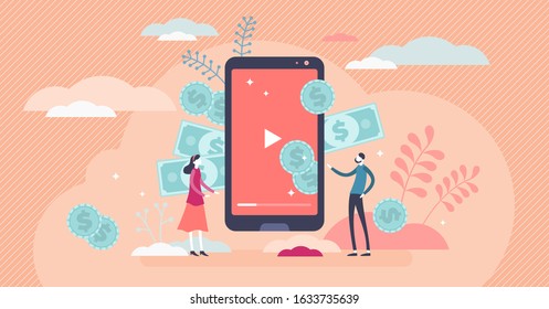 Video channel monetization concept, flat tiny person vector illustration.Online influencer business and creative content producing.Mobile screen with video player generating profit income for creators