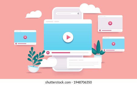 Video channel online - 3d vector style phone with video windows flying in air. Internet video clips and tube concept. Illustration.