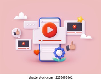 Video channel online icon. Video windows flying in air. Internet video clips and tube concept. 3D Web Vector Illustrations.