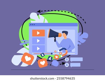 Video channel of popular blogger sharing information and getting likes. Influencer with megaphone and player interface. Vector illustration for marketing, advertising, social network communication