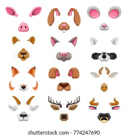 Video chat animal faces effects. Selfie filters, cat, dog, raccoon, rabbit, mouse and teddy bear cute funny ears and noses. Vector flat style cartoon animal faces illustration