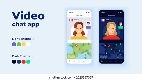 Video chat app cartoon smartphone interface vector templates set. Mobile app screen page day and dark mode design. Explore the world virtually UI for application. Phone display with flat character