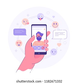 Video chat application concept. FEale hand holding smart phone with young man with beard on display. Flat vector illustration.