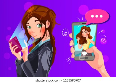 Video chat application concept. Female hand holding smart phone with young woman on display. Cartoon vector illustration.