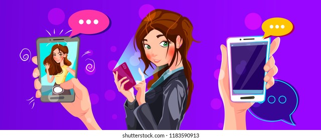 Video Chat Application Concept. Female Hand Holding Smart Phone With Young Woman On Display. Cartoon Vector Illustration.