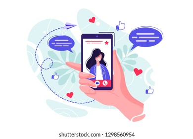 Video chat application concept. Male hand holding smart phone with young woman on display. Flat vector illustration.