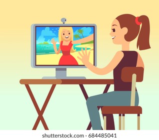 Video chat between friends in headset on computer with camera. Online chatting and comunication vector concept. Web internet communication with computer illustration