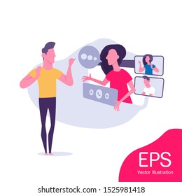 Video Chat. Video Call Chatting Communication Concept. Flat Vector Illustration