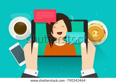 Video chat or call vector illustration, flat cartoon person using tablet for webinar or online chatting with girl or woman on table top view, idea of digital internet distance or remote education