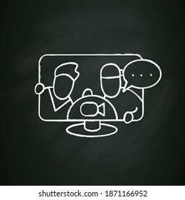 Video chat chalk icon. Video call and digital communication with friends concept. Web meeting connection. Remote call sign. Video conference window. Isolated vector illustration on chalkboard 