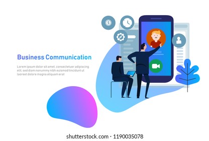 Video chat concept. Man communicates using video chat on smart phone. Online web chat. Vector illustration flat design. Video conference, meeting.